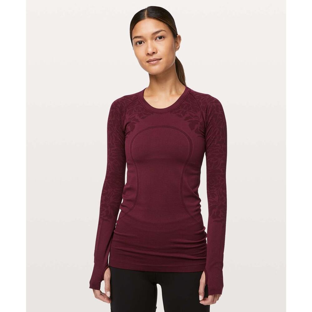 Lululemon Swiftly Tech Long Sleeve Crew Deep Ruby Floral Size 10